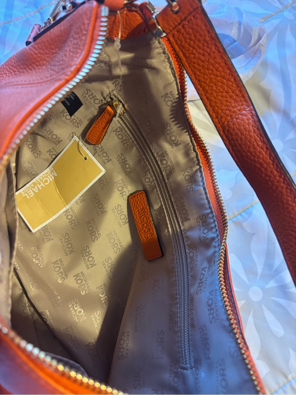 Michael Kors Orange Leather Shoulder Bag with Gold MK Charm - Picture 3 of 5
